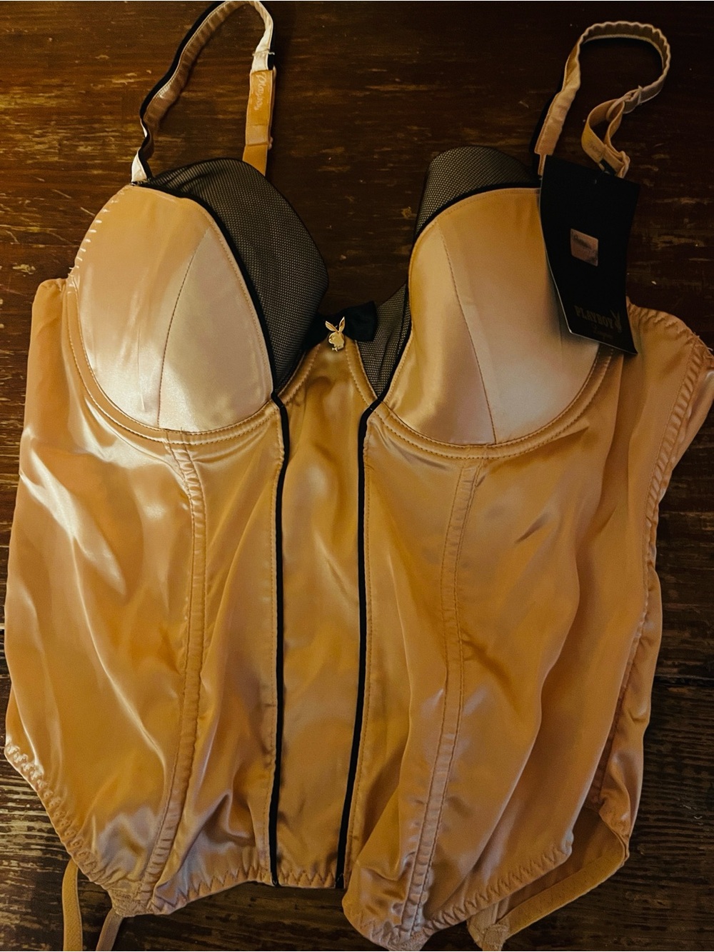 PLAYBOY Lingerie Bustier Gold/Black w/Garter Straps Sz. 36B NWT
